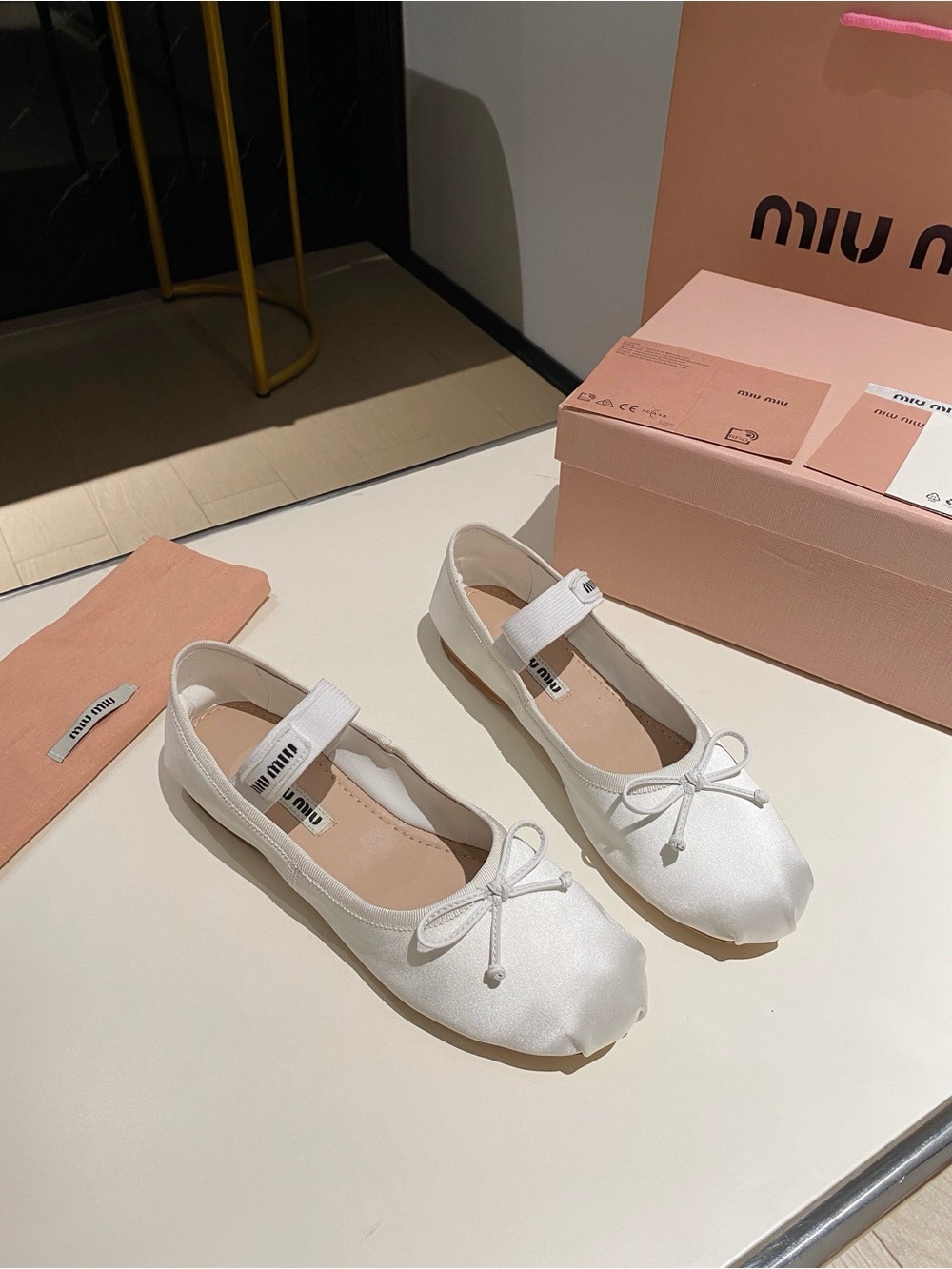 Miu Miu White Satin Ballet Flats with Logo Elastic Strap and Bow - Picture 4 of 6